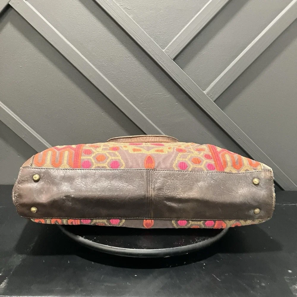 Fossil Vintage Leather Tapestry Satchel Handbag Boho Floral Key Charm Brown